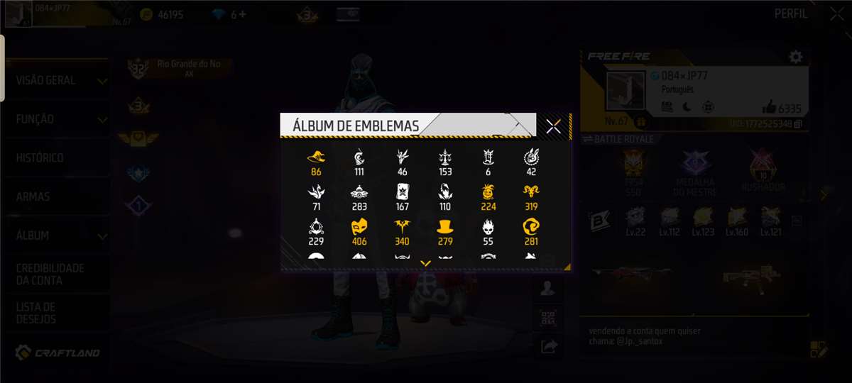 Venda de conta de jogo Free Fire