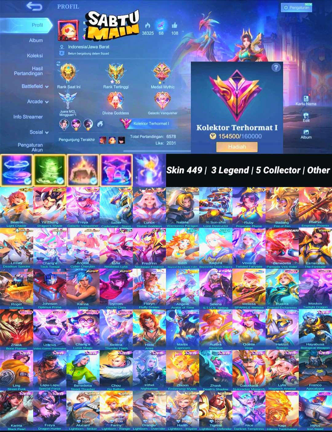 Game account sale Mobile Legends