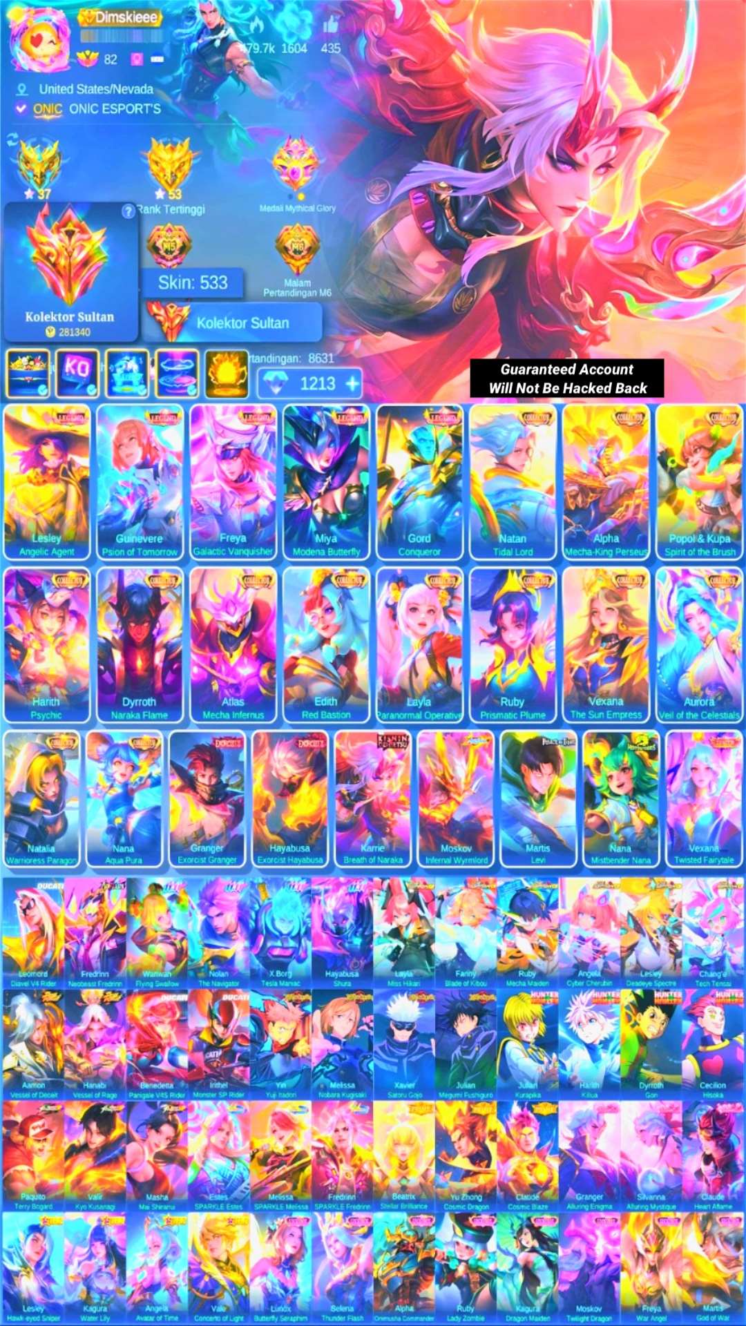 Game account sale Mobile Legends